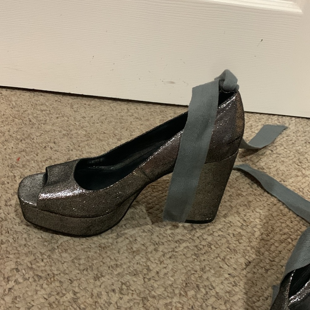 Shellys London Silver Platform Block Heel Metalli… - image 3